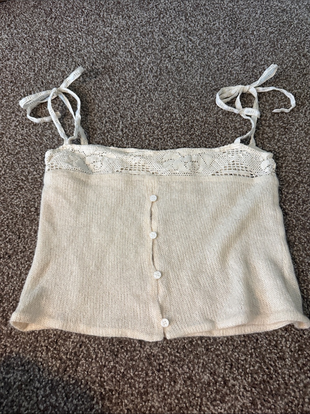 With Jean Cream Knit Lace-Trim Button Front Cami